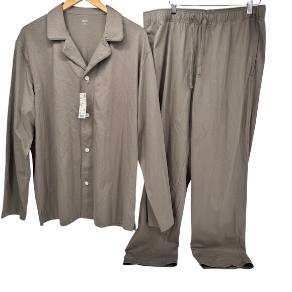 Uniqlo Pajama Set Mens XL AIRism Khaki Tan Sleep Shirt Pants Lounge COMFY NEW - Picture 1 of 13